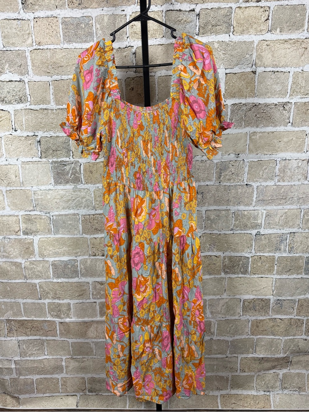 ZESICA Floral Smocked Puff Sleeve Tiered Midi Maxi Dress Large